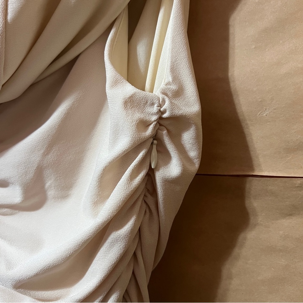 Pixie Market | Riva Ruched Off The Shoulder Top Crepe Jersey Beige Size M - Picture 8 of 12